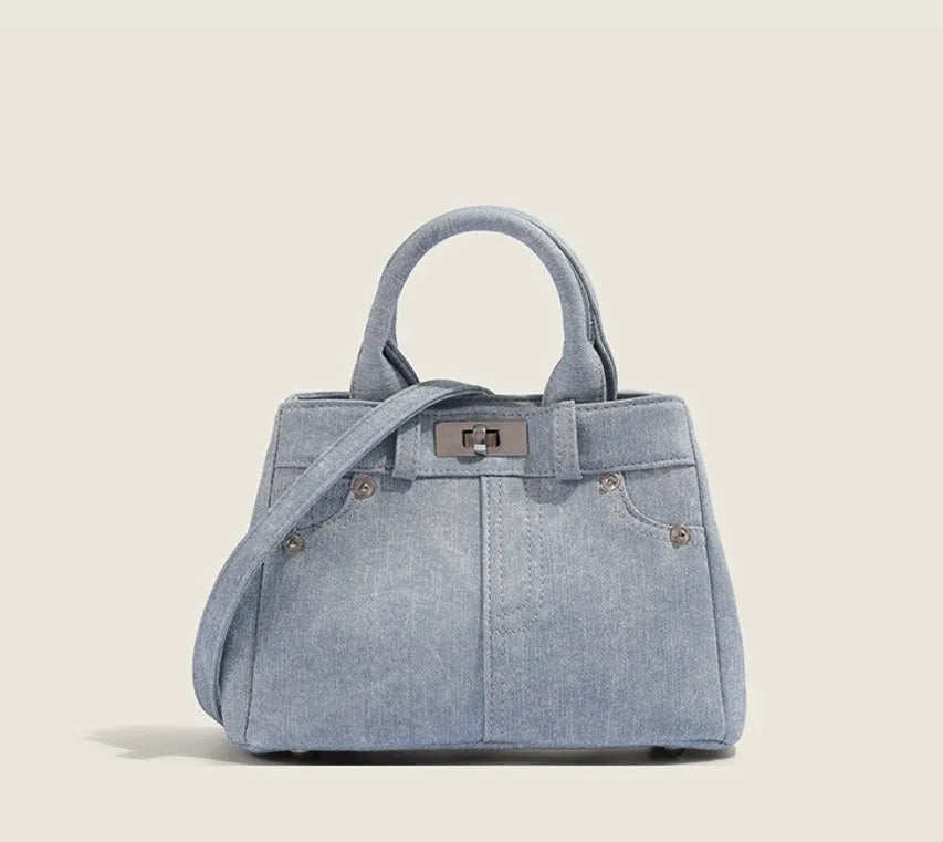 Women's denim blue casual shoulder bag made from soft PU leather with standard size dimensions