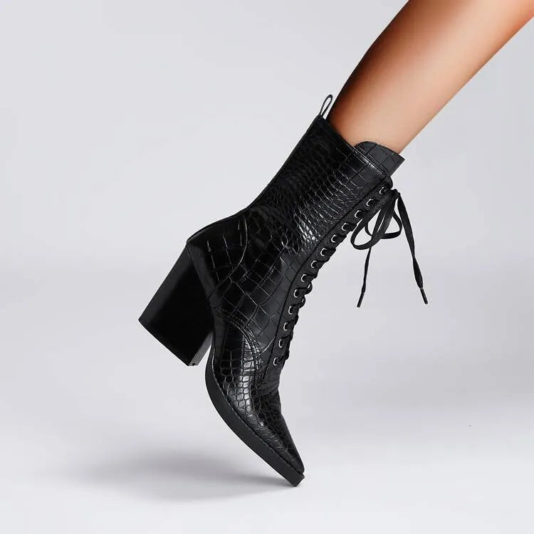 Retro pointed toe women's boots with chunky heel and lace-up details in dark brown