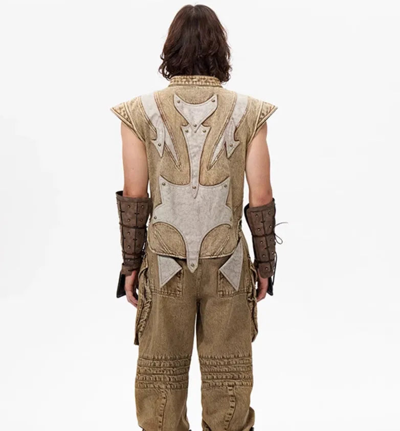 Men's Korean style cotton denim pleated vest with water wash finish in picture colour