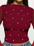 Wine red women's long sleeve mesh rhinestone bottoming top pullover