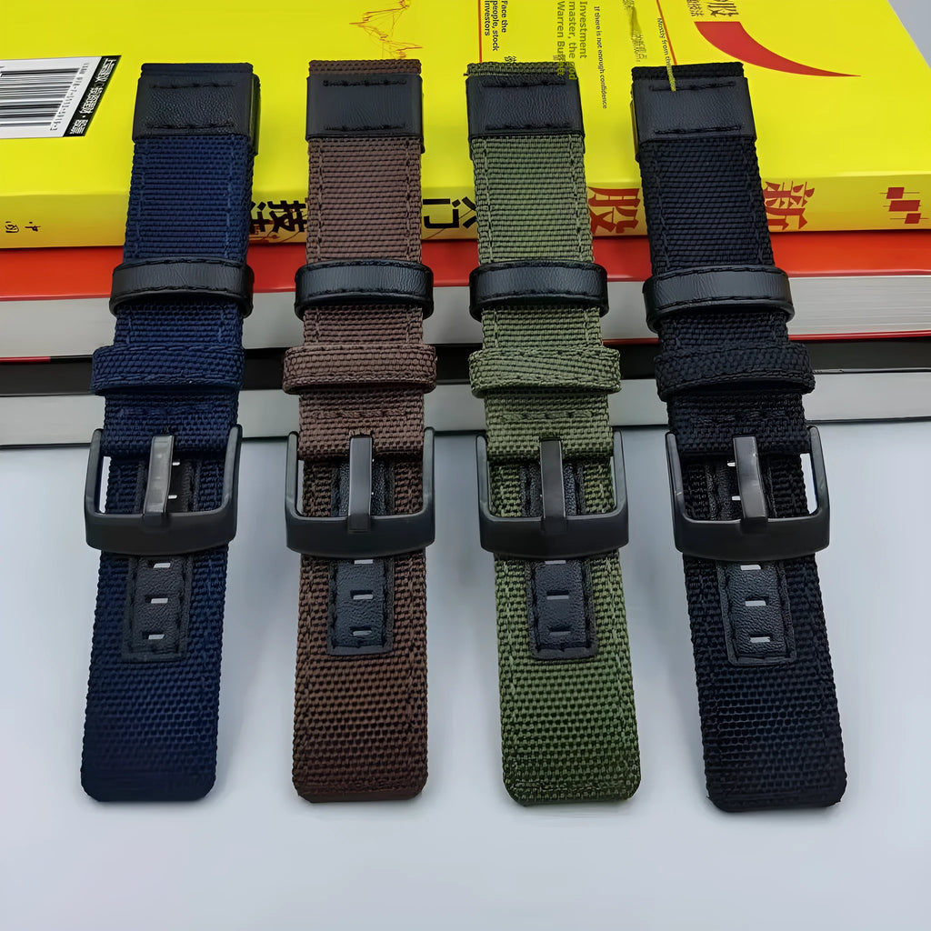 Oxford cloth watch strap shown in multiple colours including camouflage, with sizing options for 20mm, 22mm, and 24mm widths.