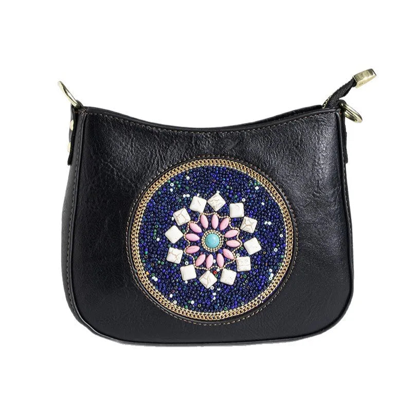 Straw bead turquoise ethnic style bucket shoulder crossbody bag with PU lining and mobile phone pocket