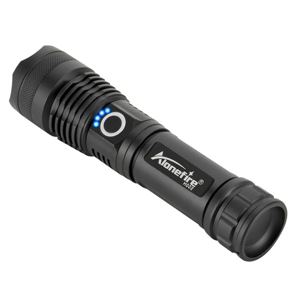 Black aluminium alloy rechargeable LED flashlight with zoom lens on grey background