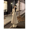 Women's white V-neck polyester knitted suspender dress with princess sleeves