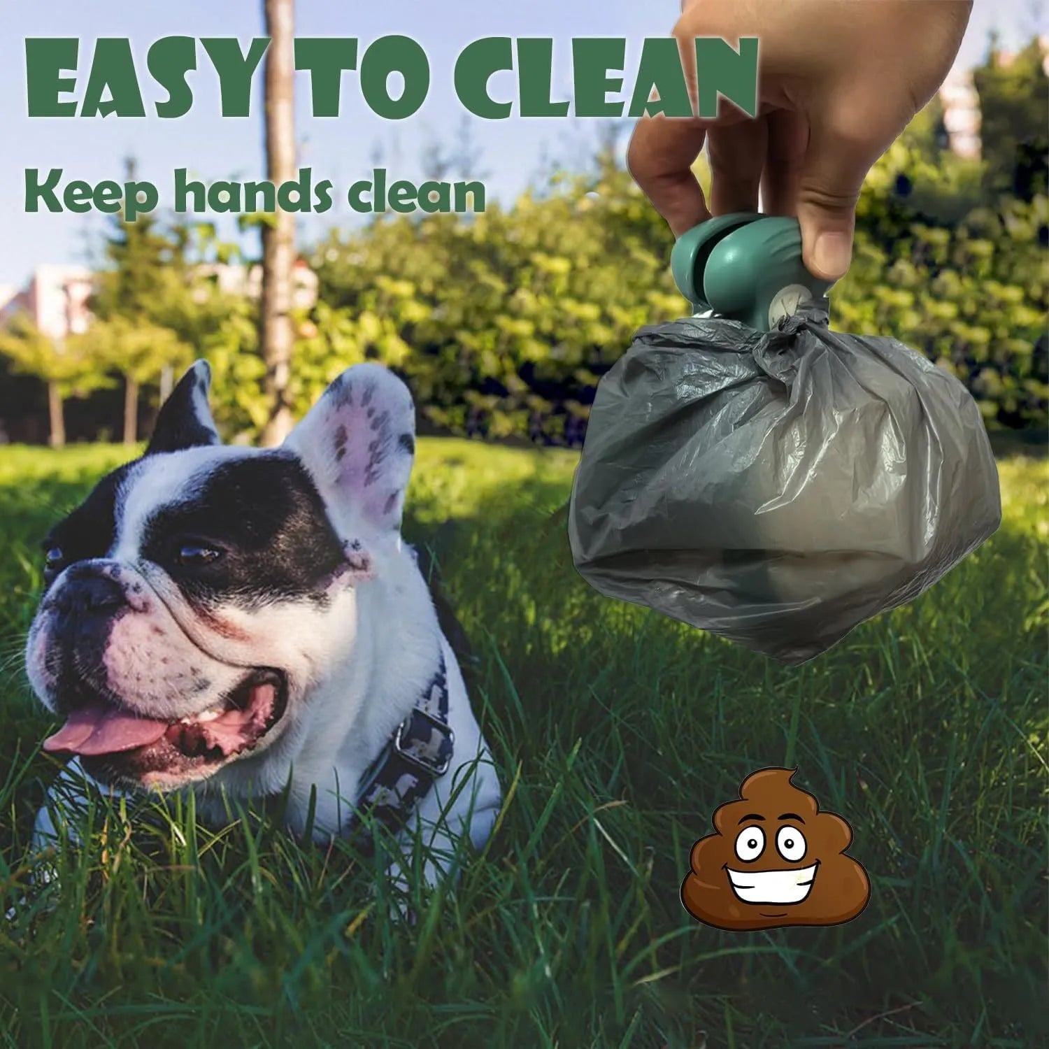 Blue portable dog pooper scooper with carabiner clip, expanded waste container, and bag dispenser.