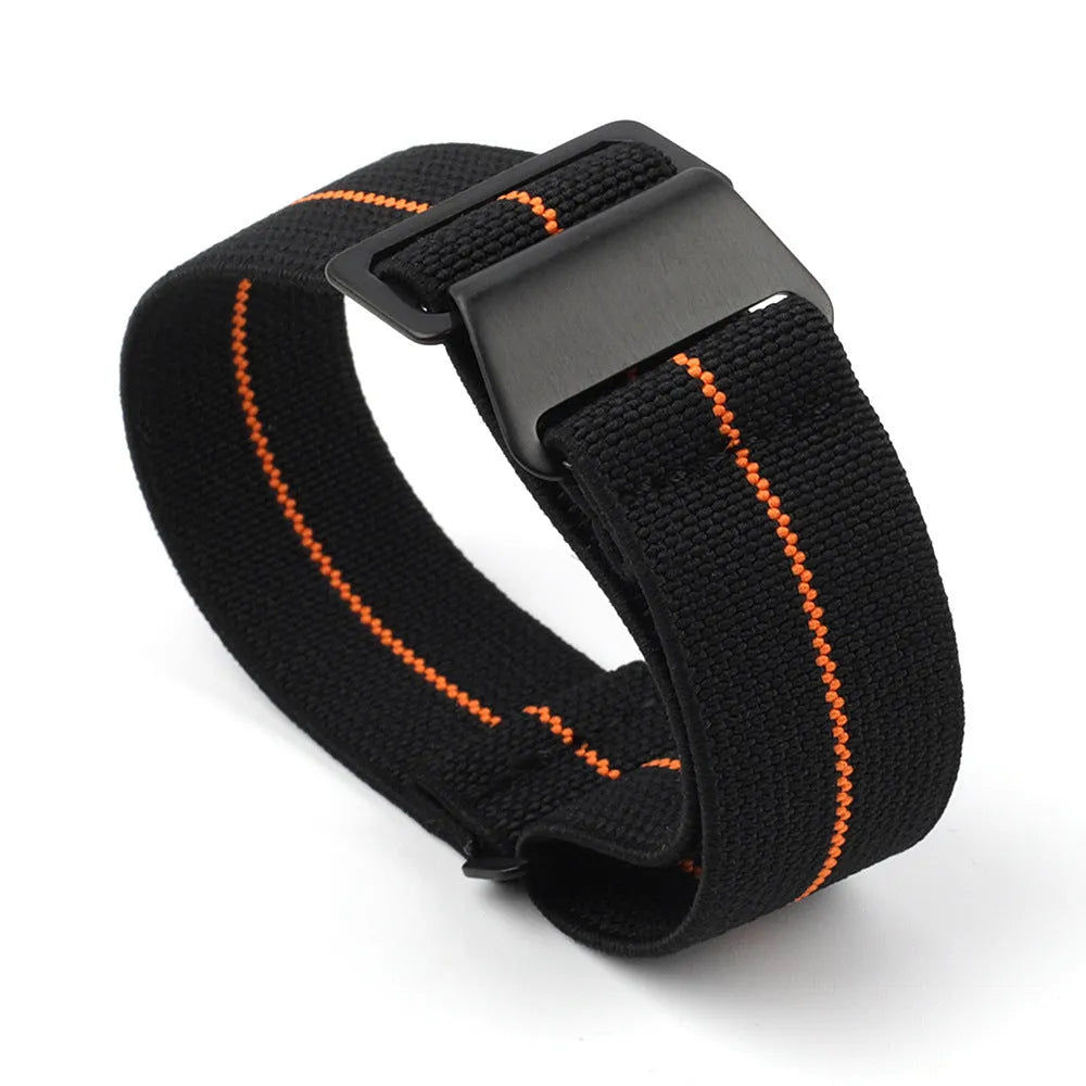 Fineknit elastic quick-drying nylon men's watchband in 22mm black red colour with black button closure