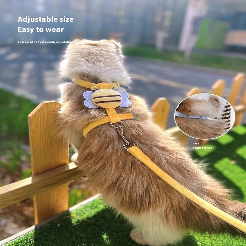Bee-shaped adjustable cat harness and leash set in blue colour with matching hand-held rope
