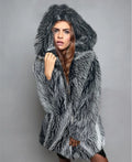 Women's silver grey artificial fur mid-length coat with loose fit and regular sleeves