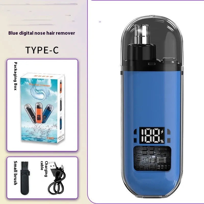 Rechargeable nose hair trimmer with digital display, shown in black, blue, and orange colour options.