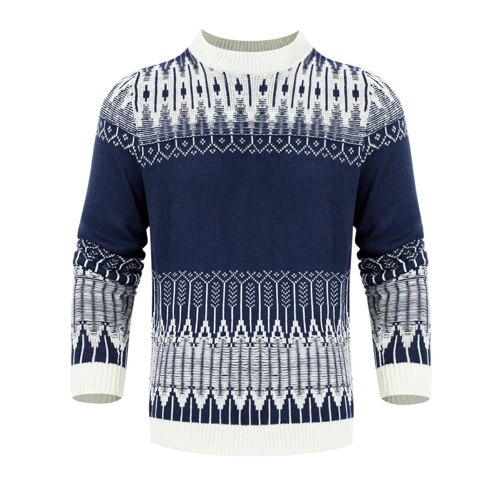 Men's grey knitted pullover sweater with ribbed cuffs and hem on a hanger