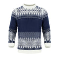 Men's grey knitted pullover sweater with ribbed cuffs and hem on a hanger