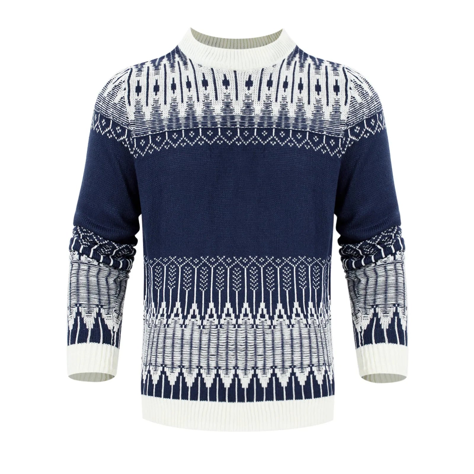 Men's grey knitted pullover sweater with ribbed cuffs and hem on a hanger