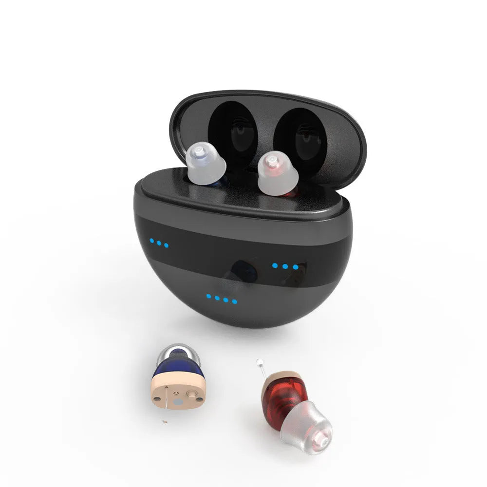 C700 digital in-ear hearing aid device with charging box and ear plugs for moderate to severe hearing loss