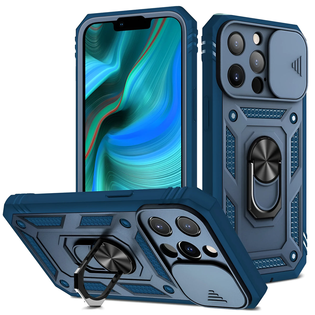 Clear magnetic iPhone case with extended sliding stand bracket in sapphire blue colour