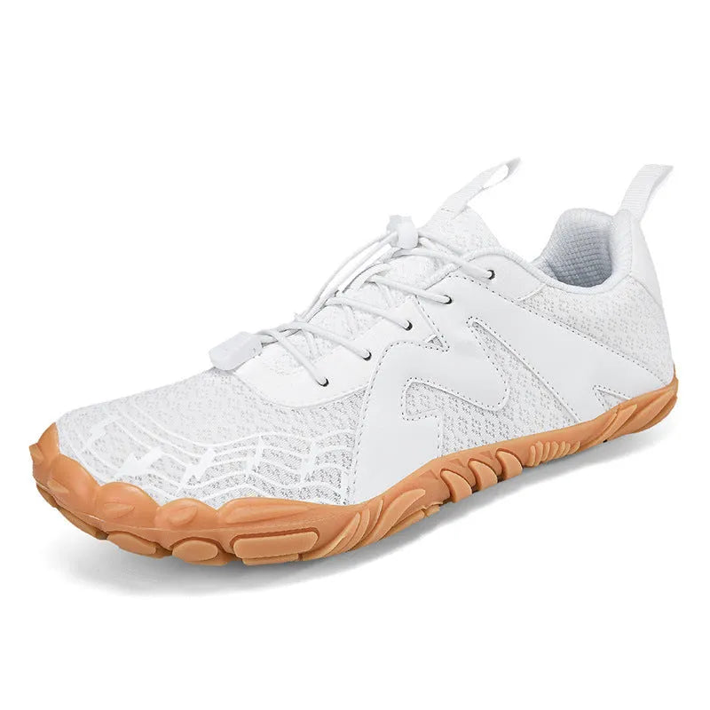 A pair of white and grey couple sports climbing shoes with Flyknit lining on a neutral background.