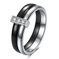 Ceramic geometric ring with glossy stitching and inlaid zirconium on 6MM band, shown in steel black and gold white finishes