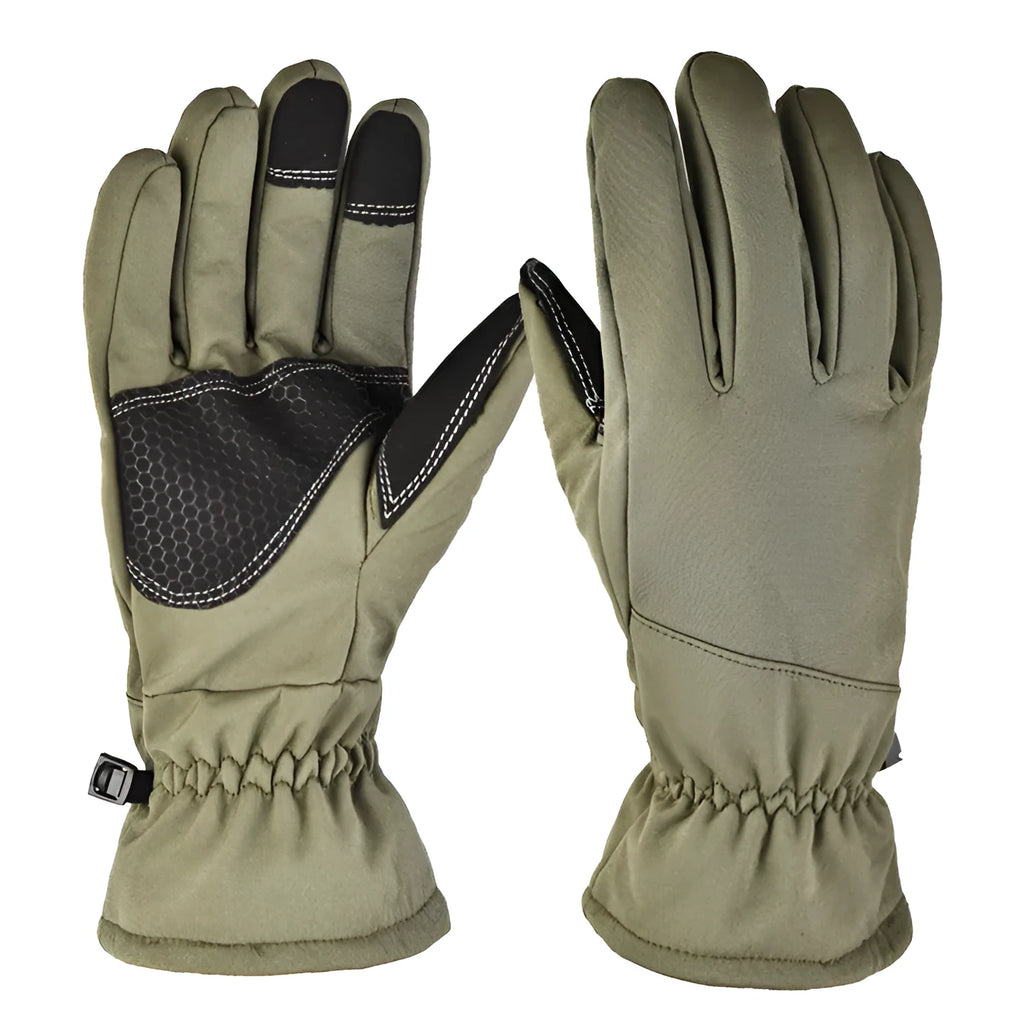 Army green camouflage ski gloves with touch screen fingertips and anti-slip palm design