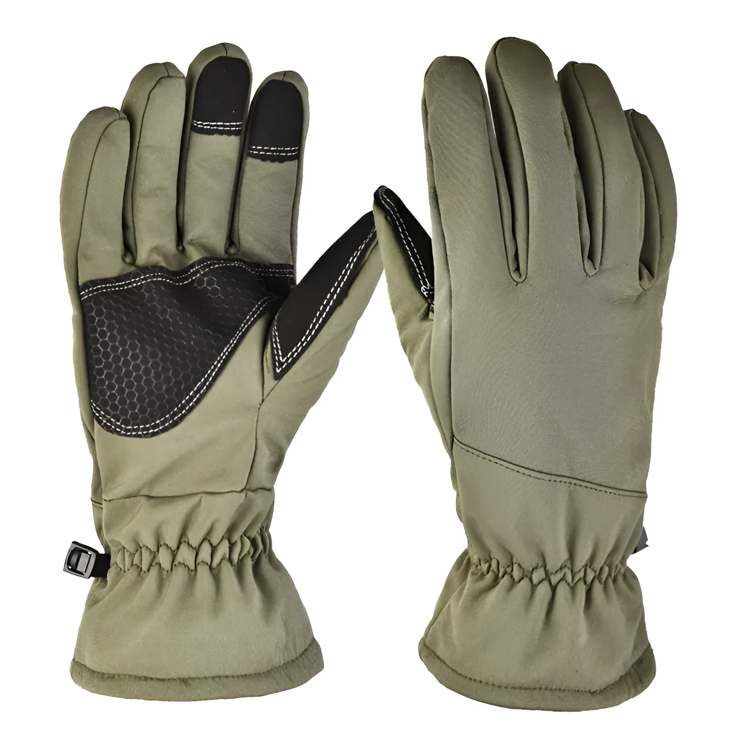 Army green camouflage ski gloves with touch screen fingertips and anti-slip palm design