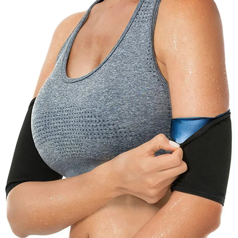 Blue and silver sports arm sweatband shown on an arm, with sizing options available.