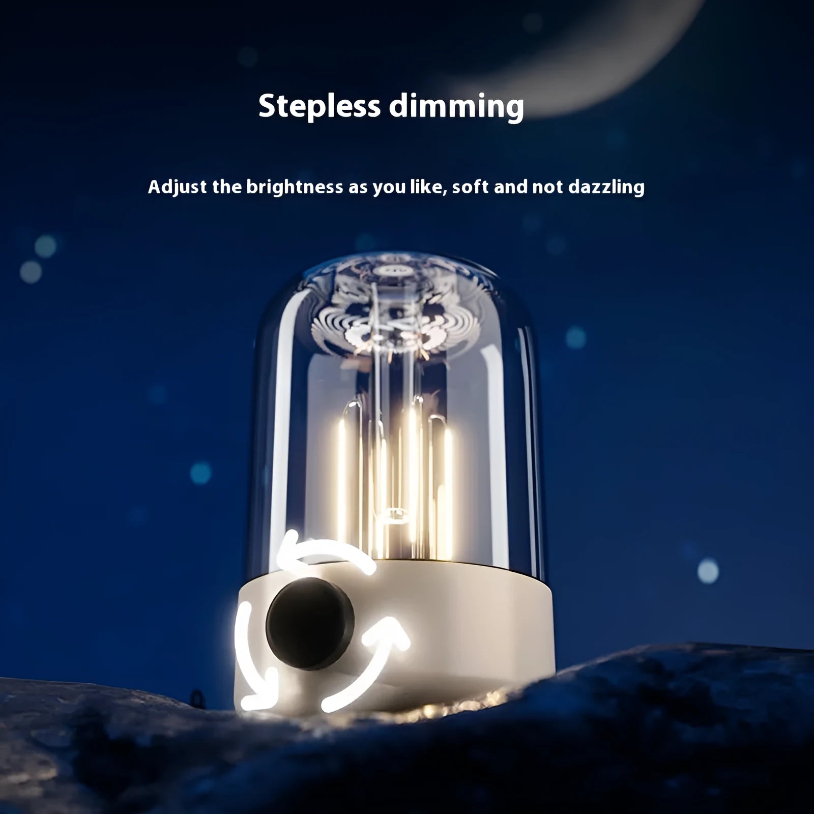 Beige camping ambience light with dual lamp beads, USB output, and analogue knob on a wooden table