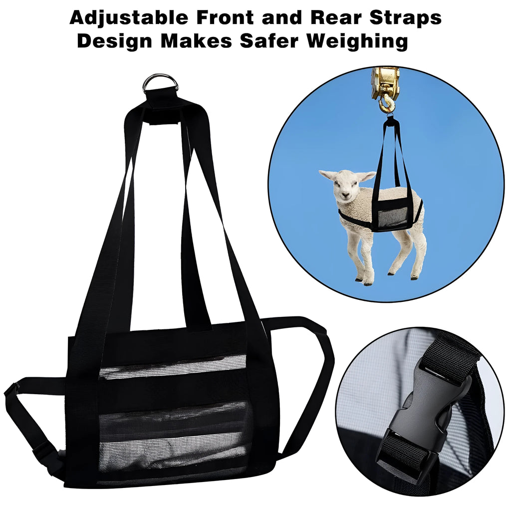 Black polyester calf weighing sling measuring 35cm by 150cm with reinforced handling points