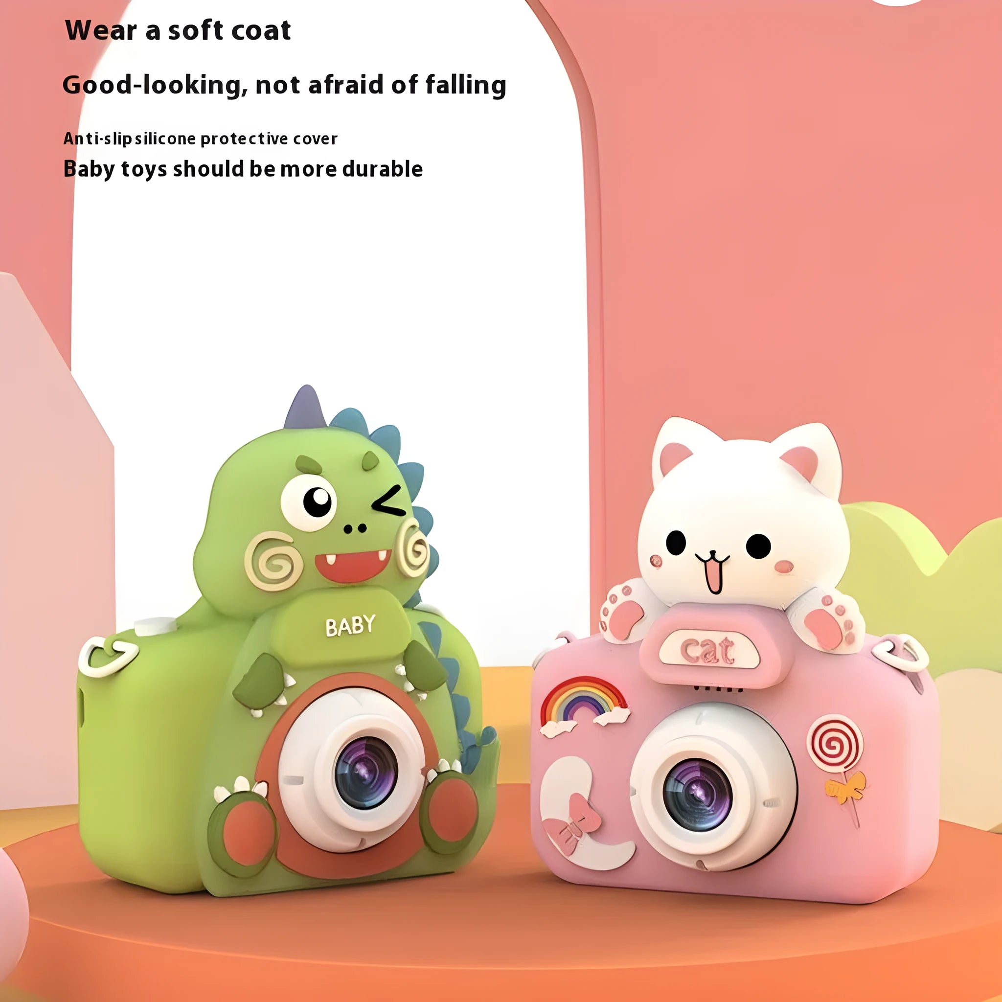 Children's mini cartoon digital toy camera with silicone body in Big Head Dinosaur design