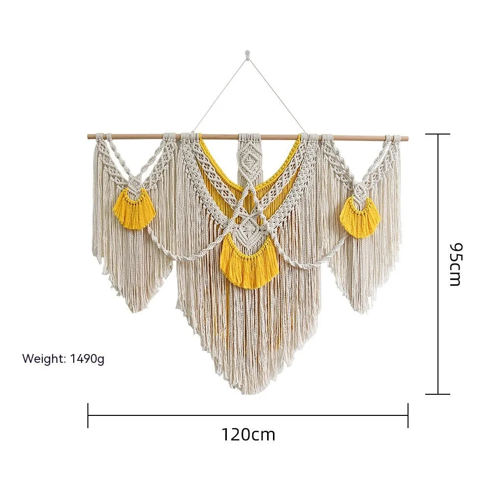Nordic style hand-woven cotton tapestry wall hanging creamy white with yellow accents 120x95cm