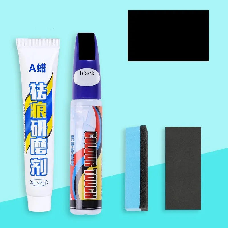 Automotive paint repair pen kit with scratch removal fluid and touch-up paint in universal colours