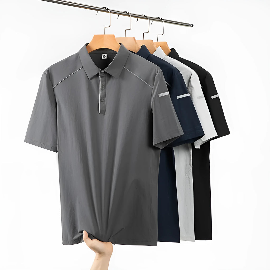 Men's solid colour quick-dry polo shirt on a hanger showing short sleeves and regular fit.