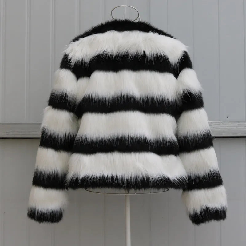 Black and white striped faux fur leather jacket for women, long sleeved