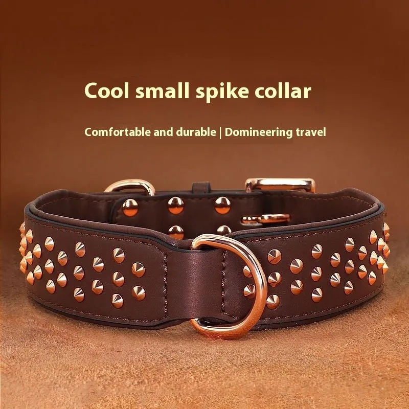 Leather dog collar with metal rivet studs in chocolate brown colour.