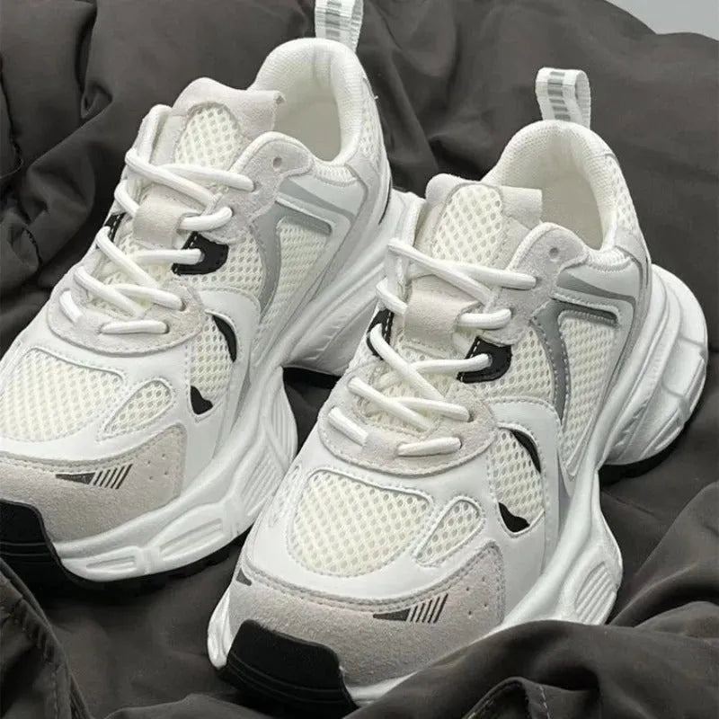 Beige mesh platform sports shoes with wedge sole and lace-up front