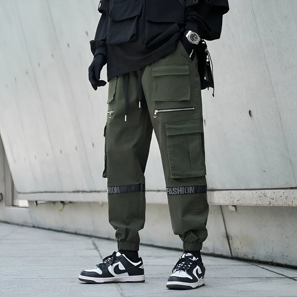 Men's loose plus size mechanical style cotton trousers in black, mid-waist, full length