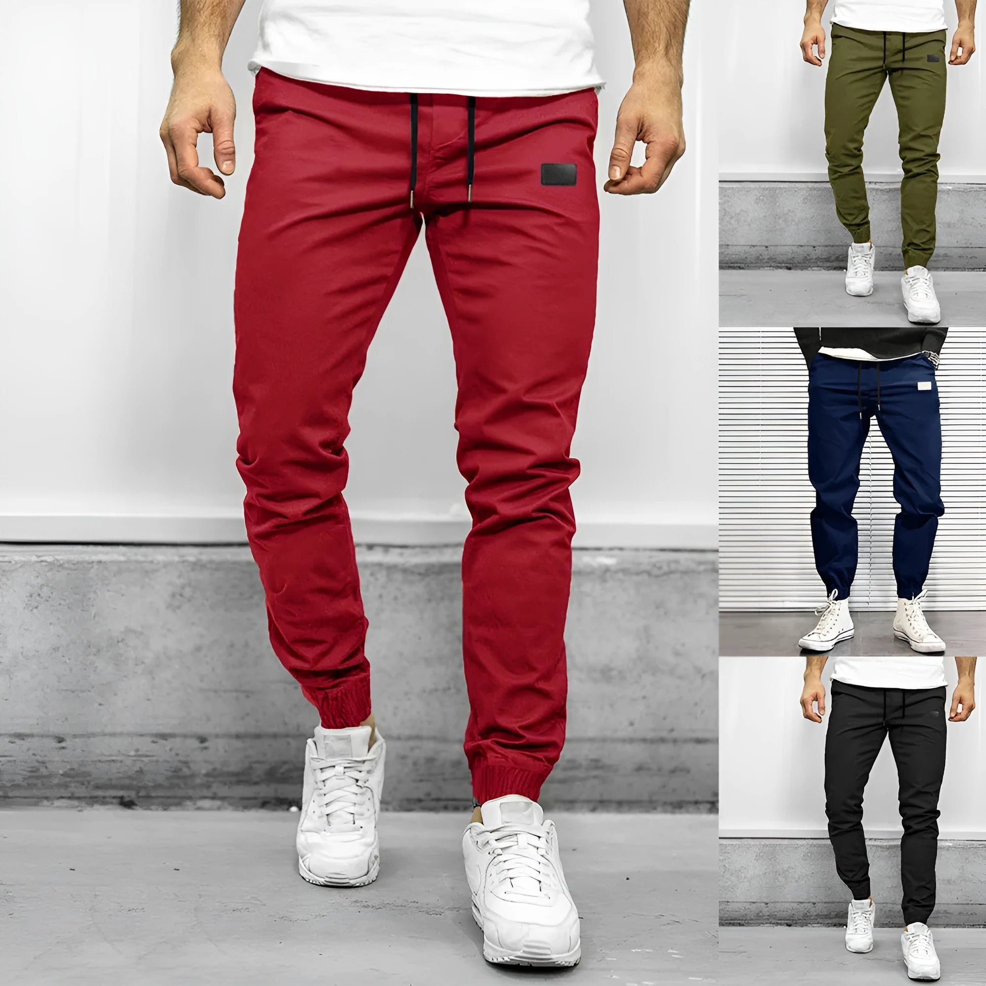 Men's quick-dry loose tapered running trousers in army green, side view on model
