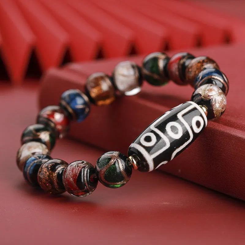 Ancient five-color colored glaze bracelet with snake auspicious patterns in 10mm, 12mm, or 14mm bead sizes