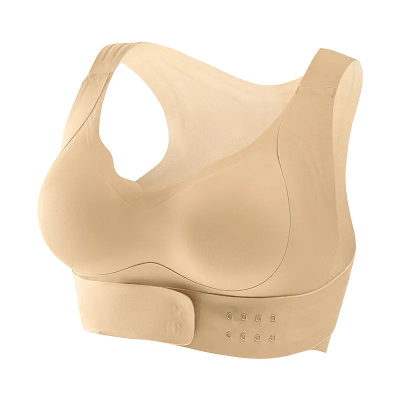 Women's front buckle exercise bra in black, white, or liquid foundation colour with 3/4 cup and double shoulder straps