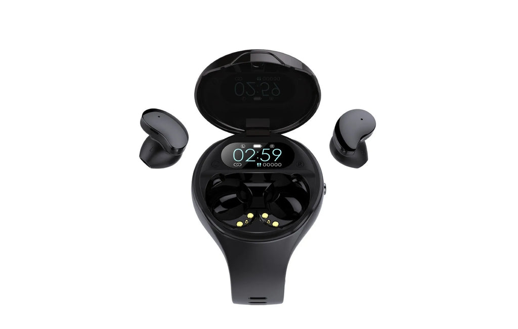 Black smart bracelet with detachable Bluetooth earphones showing colour screen display and heart rate monitoring