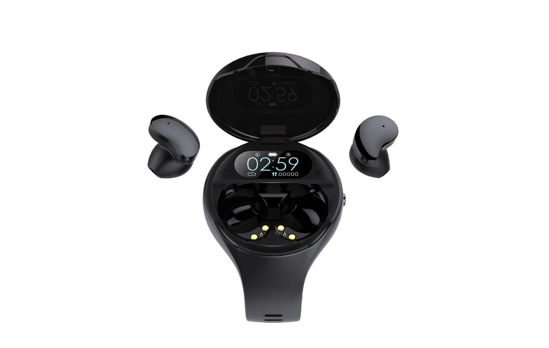 Black smart bracelet with detachable Bluetooth earphones showing colour screen display and heart rate monitoring