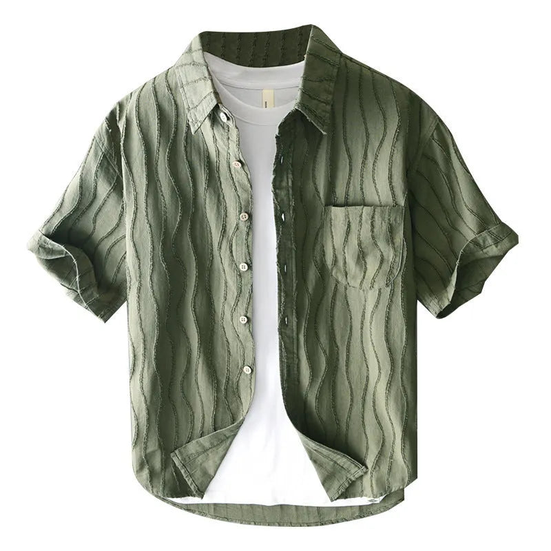 Men's loose-fit cotton summer shirt in apricot colour with Japanese fresh style