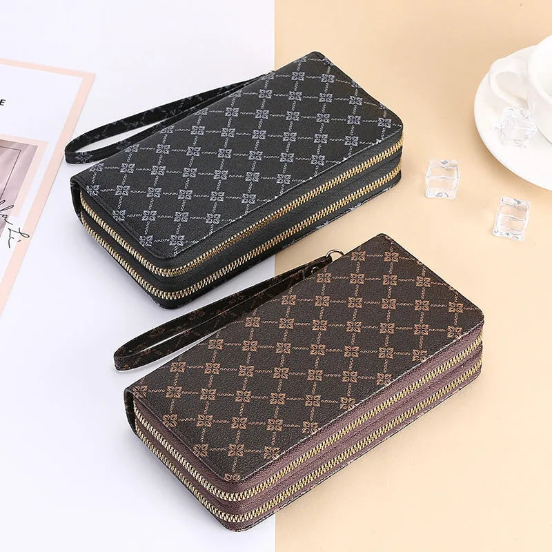 Black PU leather long wallet clutch with mobile phone compartment and zip coin purse