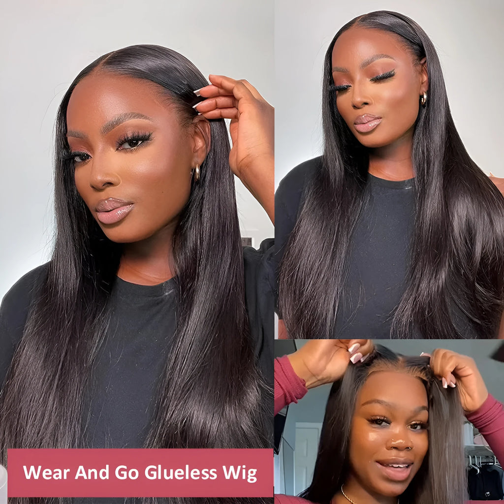 Glueless straight human hair wig with side bangs shown in 180% density and 22-inch length.