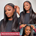 Glueless straight human hair wig with side bangs shown in 180% density and 22-inch length.
