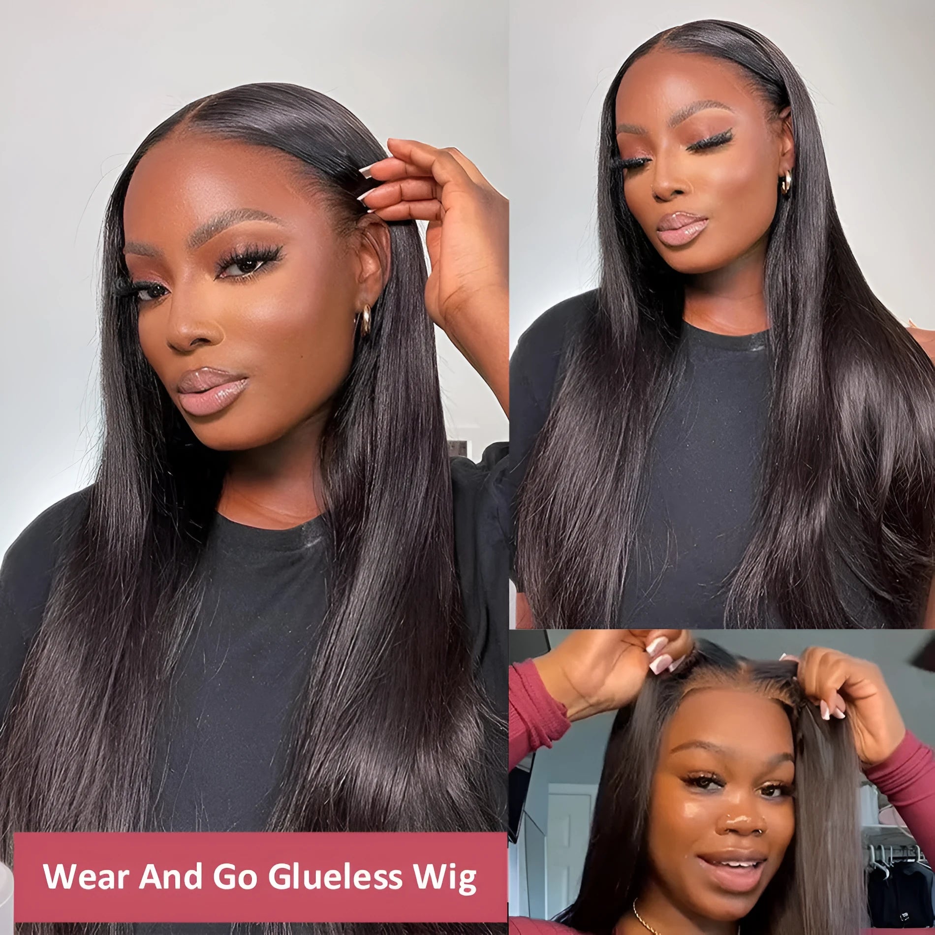 Glueless straight human hair wig with side bangs shown in 180% density and 22-inch length.