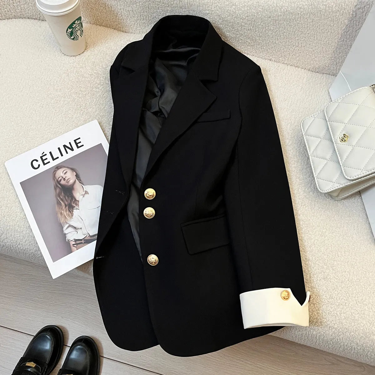 Women's Korean-style commute coat in milky white with 65cm length and pocket detailing
