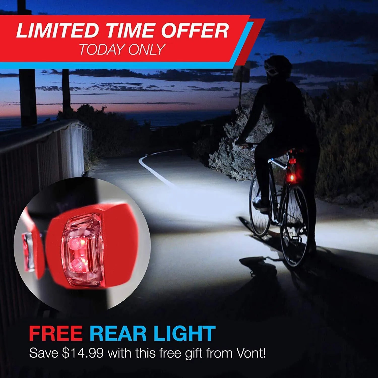 Bicycle front headlight and rear taillight set with mounting bracket on a handlebar