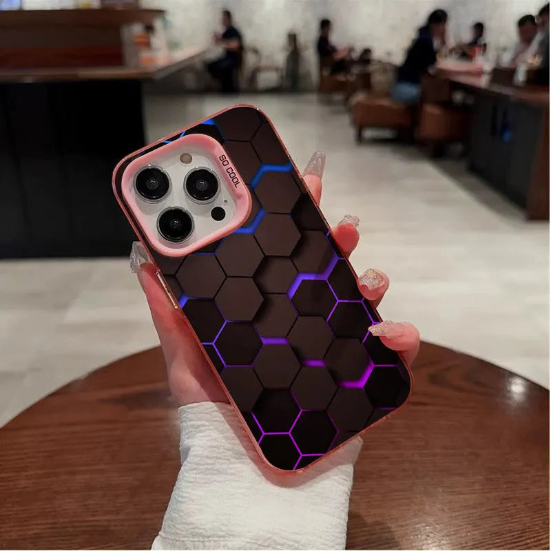 Frosted black iPhone case with honeycomb square pattern on the back.