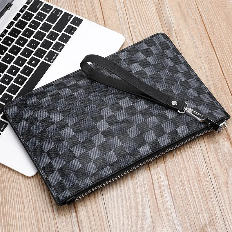 Men's black checkered PU leather clutch wallet with six card slots and zipper pocket