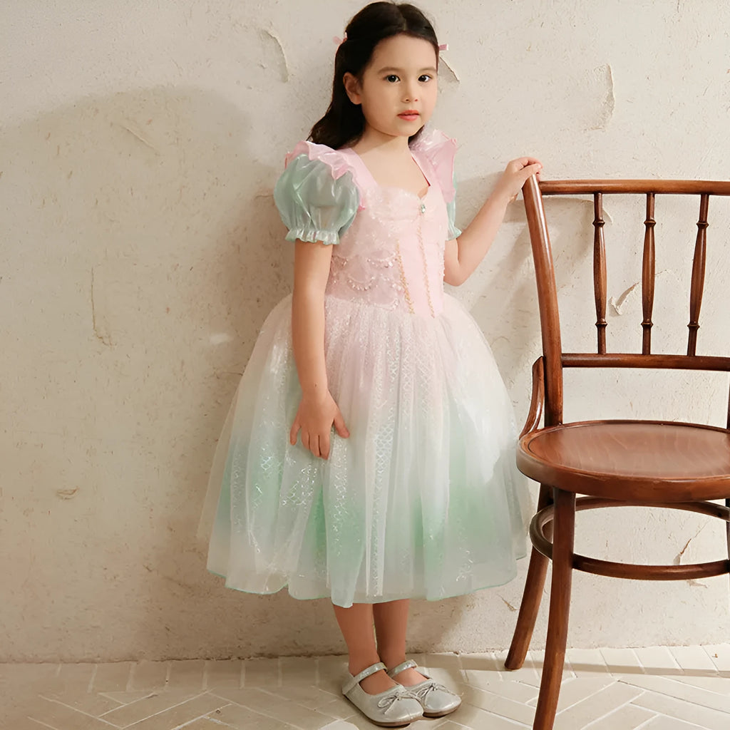 Cotton girls princess dress puff sleeve mermaid solid colour flower print suitable height 100cm