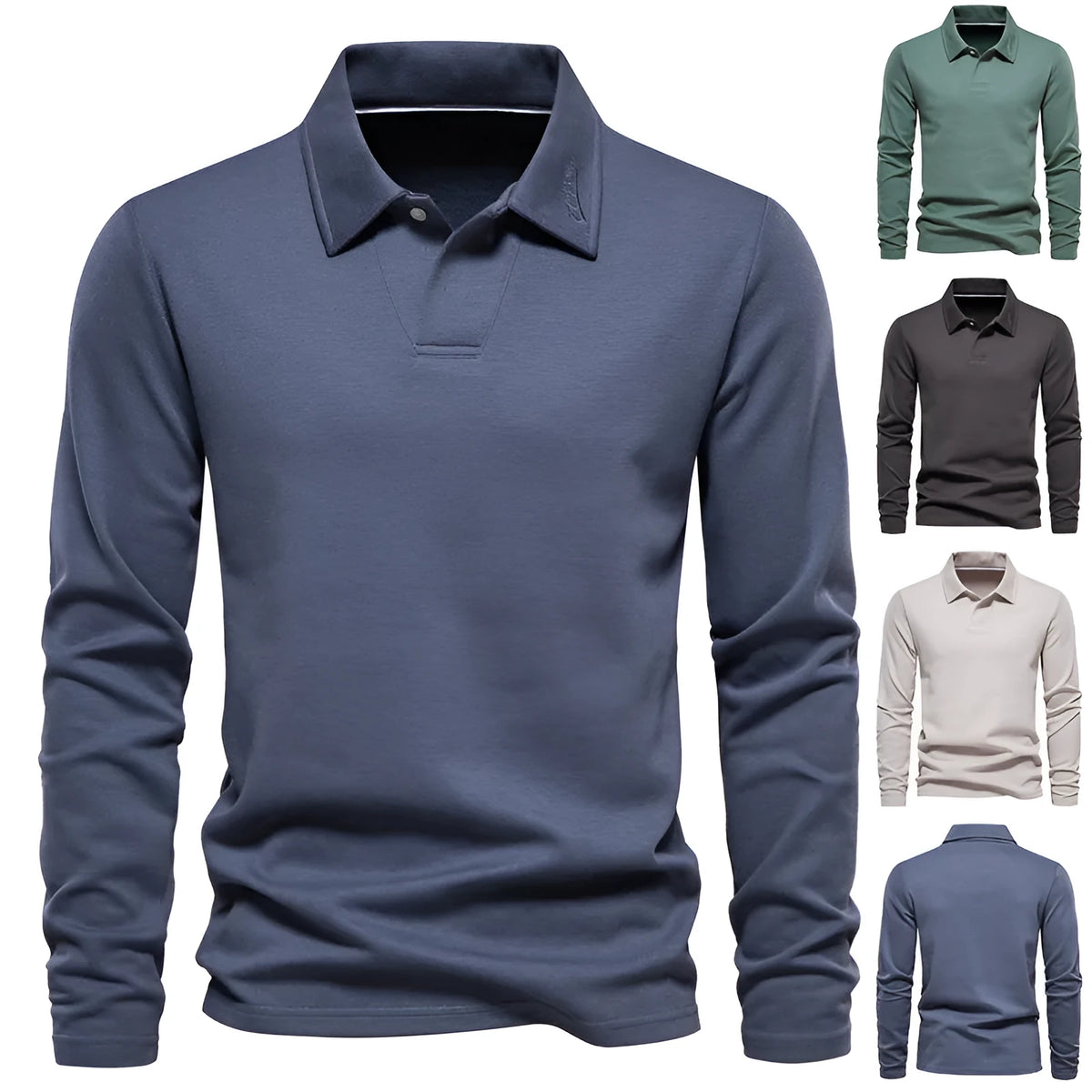 Men's long-sleeved polo shirt with lapel collar in dark grey, showing solid colour and cotton blend fabric