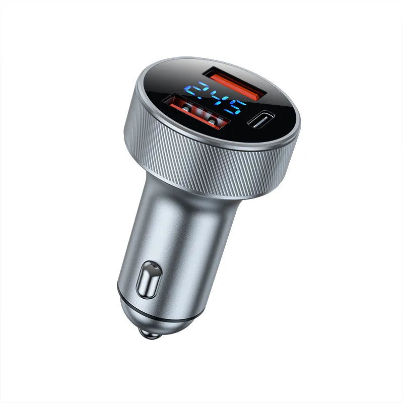 Black aluminium alloy car charger with digital display showing three USB ports and one cigarette lighter socket